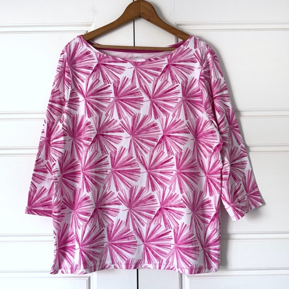Talbots Tee Shirt Women 2X Pink White Printed Knit Stretch 3/4 Sleeve Top Casual